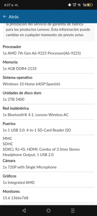 Portátil Lenovo AMD A6 2TB/4GB RAM Blanco