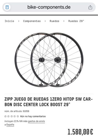 Ruedas ZIPP 1ZERO HiTOP SW Carbon 29” Boost