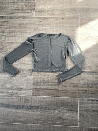 Crop Top Zara S Viscosa Gris Kaki Manga Larga