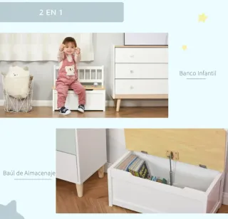 Baúl Juguetes con Respaldo Madera Blanco