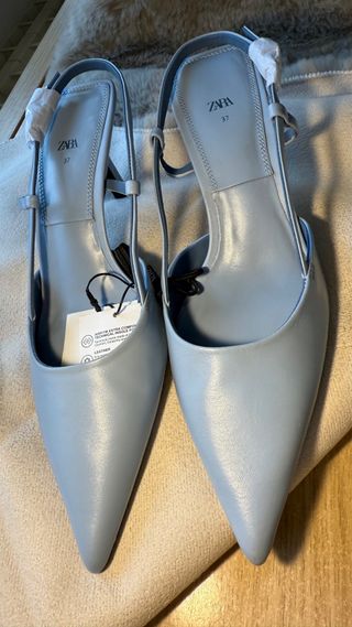 Zapatos Zara Tacon Cuero Azul Cielo Talla 37