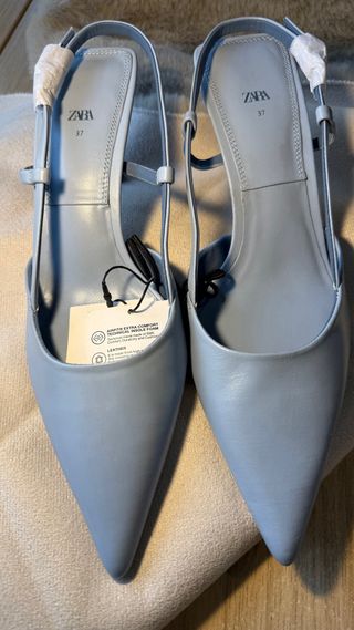 Zapatos Zara Tacon Cuero Azul Cielo Talla 37