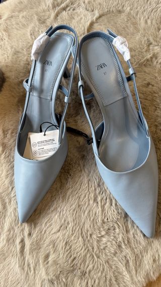 Zapatos Zara Tacon Cuero Azul Cielo Talla 37