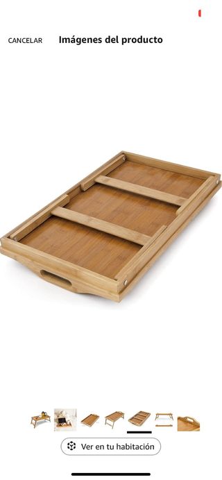 Mesita desayuno bambú con patas plegables y asas.