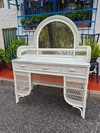Escritorio Tocador vintage de Mimbre Blanco