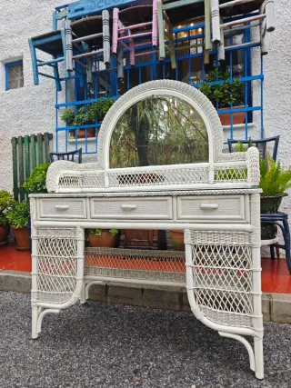 Escritorio Tocador vintage de Mimbre Blanco