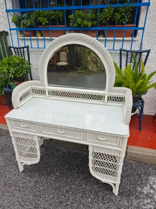 Escritorio Tocador vintage de Mimbre Blanco