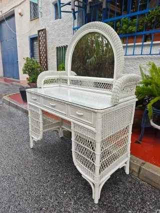 Escritorio Tocador vintage de Mimbre Blanco