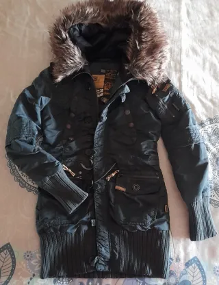 Parka Khujo verde petróleo estilo vintage/militar