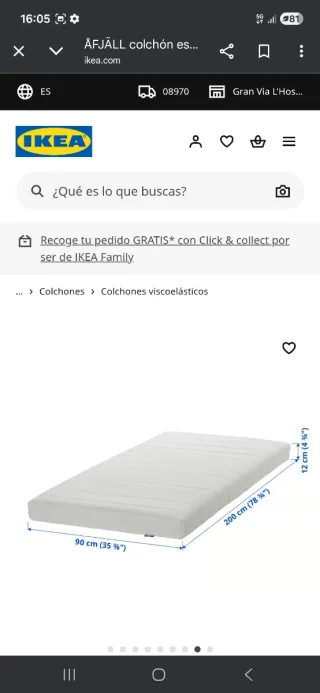 Colchón espuma Ikea 90x200 firmeza media-blanda