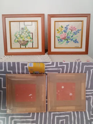 2 Cuadros Florales Azulejos Enmarcados Cerámica