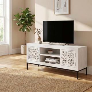 Porta TV Decoro Sbiancato 2 Ante in Mango e Ferro