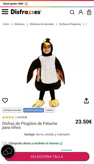 Disfraz infantil pingüino talla 3-4