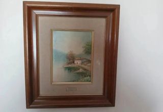 Cuadro paisaje con casa y lago