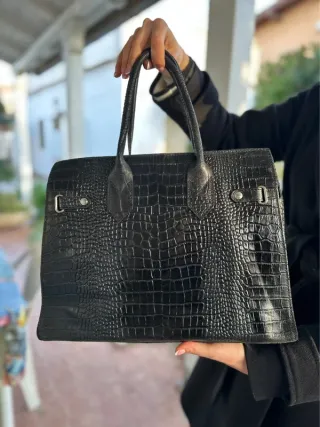 Borsa Vera Pelle Nera Effetto Coccodrillo Vintage