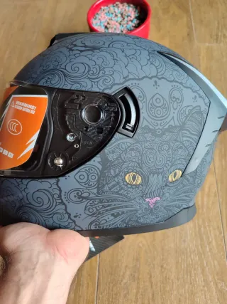 Casco Moto Integral Talla S Gris Dibujo Gato