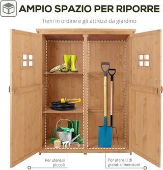 Caseta de Jardín de Madera de Abeto con Puerta Doble, Cobertizo de Herramientas con Estantes y Ventanas, 127.5x50x164cm