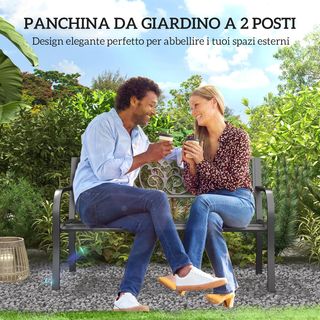 Banco De Exterior De Hierro Fundido Y Metal, Banco De Jardín Para 2 Personas Con Respaldo Alto Decorado, 127X60X89Cm, Negro