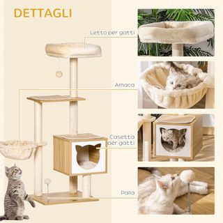 Rascador para Gatos Con 2 Postes, Casita, Hamaca, Cama Y 2 Pelotas Juguete, Árbol para Gatos de Madera, Felpa Y Sisal, 48X40X126 Cm, Beige Y Color Madera