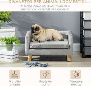 Sofá para Perros y Gatos con Diseño Escandinavo y Cojín Acolchado, Cama para Animales de Interior en Terciopelo y Madera, 64X45X36Cm, Gris