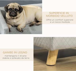 Sofá para Perros y Gatos con Diseño Escandinavo y Cojín Acolchado, Cama para Animales de Interior en Terciopelo y Madera, 64X45X36Cm, Gris