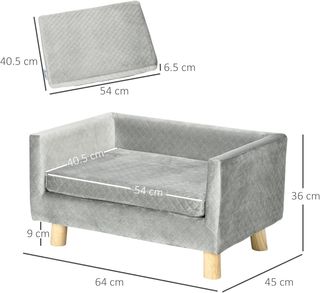 Sofá para Perros y Gatos con Diseño Escandinavo y Cojín Acolchado, Cama para Animales de Interior en Terciopelo y Madera, 64X45X36Cm, Gris