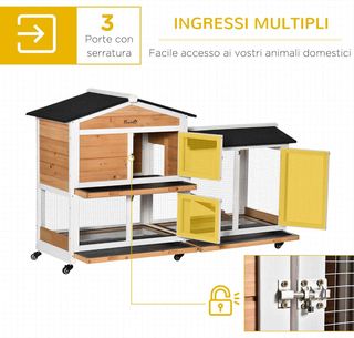 Jaula para Conejos de Exterior con 6 Ruedas, Puertas Múltiples, Conejera de Madera de Abeto con Rampa, Casita para Conejos y Espacio Abierto Cercado, Amarillo y Negro