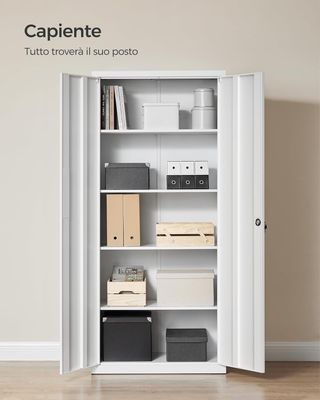 Armario de Garaje con 5 Estantes y 2 Puertas, Armario de Oficina, 40 X 80 X 180 Cm, 1 Cerradura, Estantes Regulables, Armario de Metal, Blanco Mate OMC015W01