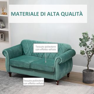 Sofá de 2 Plazas en Madera y Terciopelo Verde, Espesa Tapicería, Sofá para 2 Personas Diseño Vintage Rétro, 148 X 72 X 76Cm