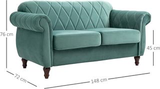 Sofá de 2 Plazas en Madera y Terciopelo Verde, Espesa Tapicería, Sofá para 2 Personas Diseño Vintage Rétro, 148 X 72 X 76Cm