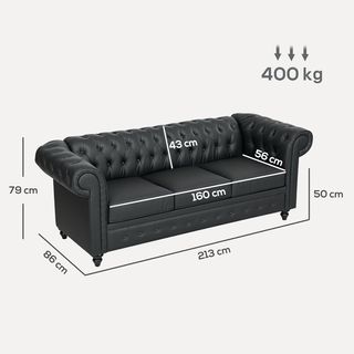 Sofá de 3 Plazas Estilo Chesterfield en Piel Sintética, Sofá de Salón Acolchado con Brazos y Acolchado Grueso, Sofá con Patas de Madera de Caucho para Salón y Oficina, Negro