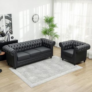 Sofá de 3 Plazas Estilo Chesterfield en Piel Sintética, Sofá de Salón Acolchado con Brazos y Acolchado Grueso, Sofá con Patas de Madera de Caucho para Salón y Oficina, Negro