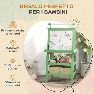Pizarra para Niños Borrable de Doble Cara con Rollo de Papel y 2 Contenedores, Pizarra Magnética Blanca, Negra con Caballete Artístico de Madera para Pintura y Regalo, 3-6 Años, Verde