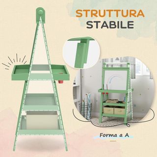 Pizarra para Niños Borrable de Doble Cara con Rollo de Papel y 2 Contenedores, Pizarra Magnética Blanca, Negra con Caballete Artístico de Madera para Pintura y Regalo, 3-6 Años, Verde