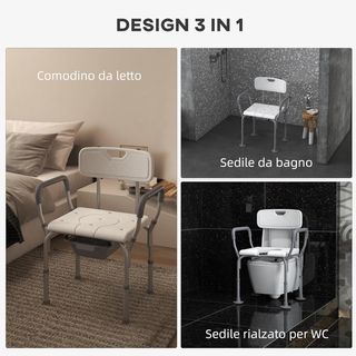 Silla De Ducha 3 en 1 Con Respaldo Y Apoyabrazos, Silla Cómoda Y Silla WC Con Altura Regulable Y Patas Antideslizantes, Blanco