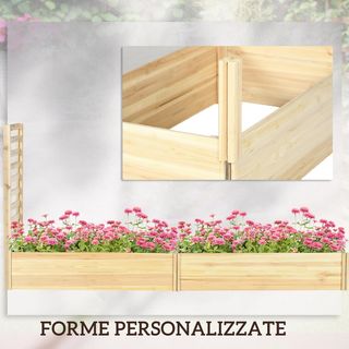 Cama para Huerto Elevado de Exterior en Madera de Abeto con 2 Fondos Abiertos y Espaldera, Jardín con Enrejado para Plantas Trepadoras, para Flores, Plantas, 230X60X110 Cm, Color Madera