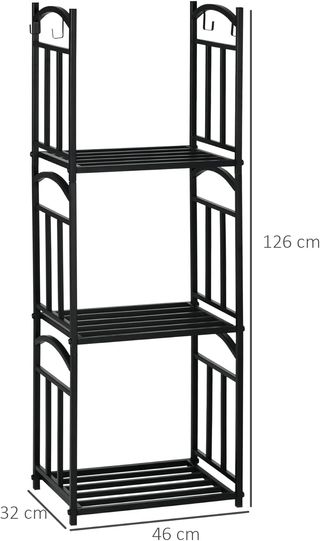 Estante para Leña de Exterior e Interior de 3 Niveles, Uso Separado o Apilado, Leñera de Metal con Ganchos para Herramientas, Negro