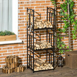 Estante para Leña de Exterior e Interior de 3 Niveles, Uso Separado o Apilado, Leñera de Metal con Ganchos para Herramientas, Negro