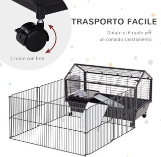 Jaula para Conejos, Erizos, Cobayas y Roedores, Conejera para Interiores en Metal Negro, 88X128.5X56Cm