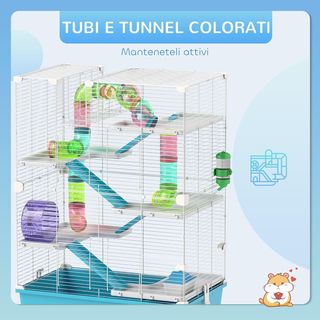 Jaula para Hámsters de 6 Niveles con Tubos, Casa, Botella de Agua, Rampas, Cuenco, Plataformas, 2 Puertas y Rueda, Jaulita para Roedores y Gerbiles, de Metal, PP y PS, 58X36X81 Cm, Azul