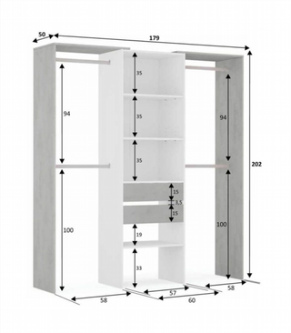 Kit  Vestidor 179 cm. Blanco Artik/Cemento
