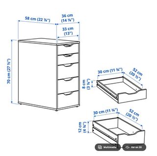 Mesa IKEA blanca con cajoneras y patas.