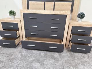 Cabecero, 2 Mesitas y Cómoda Madera