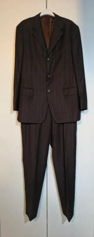 Abito Uomo Marrone Righe Lana Taglia 54