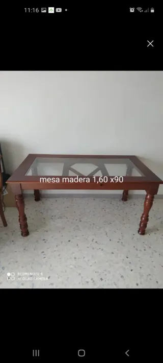 Mesa de madera con tapa de cristal 1,60x90