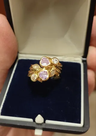Anello oro 18 KT con pietre rosa e bianche