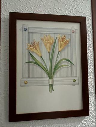 Cuadro flores amarillas con marco madera