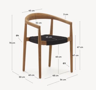 Silla apilable exterior Ydalia de madera maciza de teca con acabado natural y cuerda negro