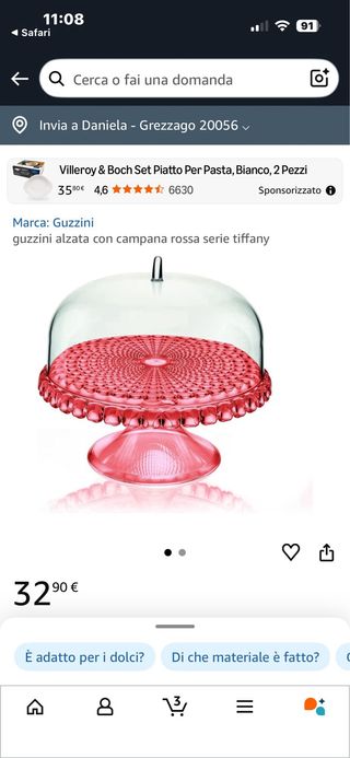 Alzata Guzzini trasparente e rossa 30 cm
