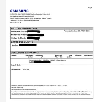 Samsung Z Fold 6 Factura Samsung Garantía 06/2028